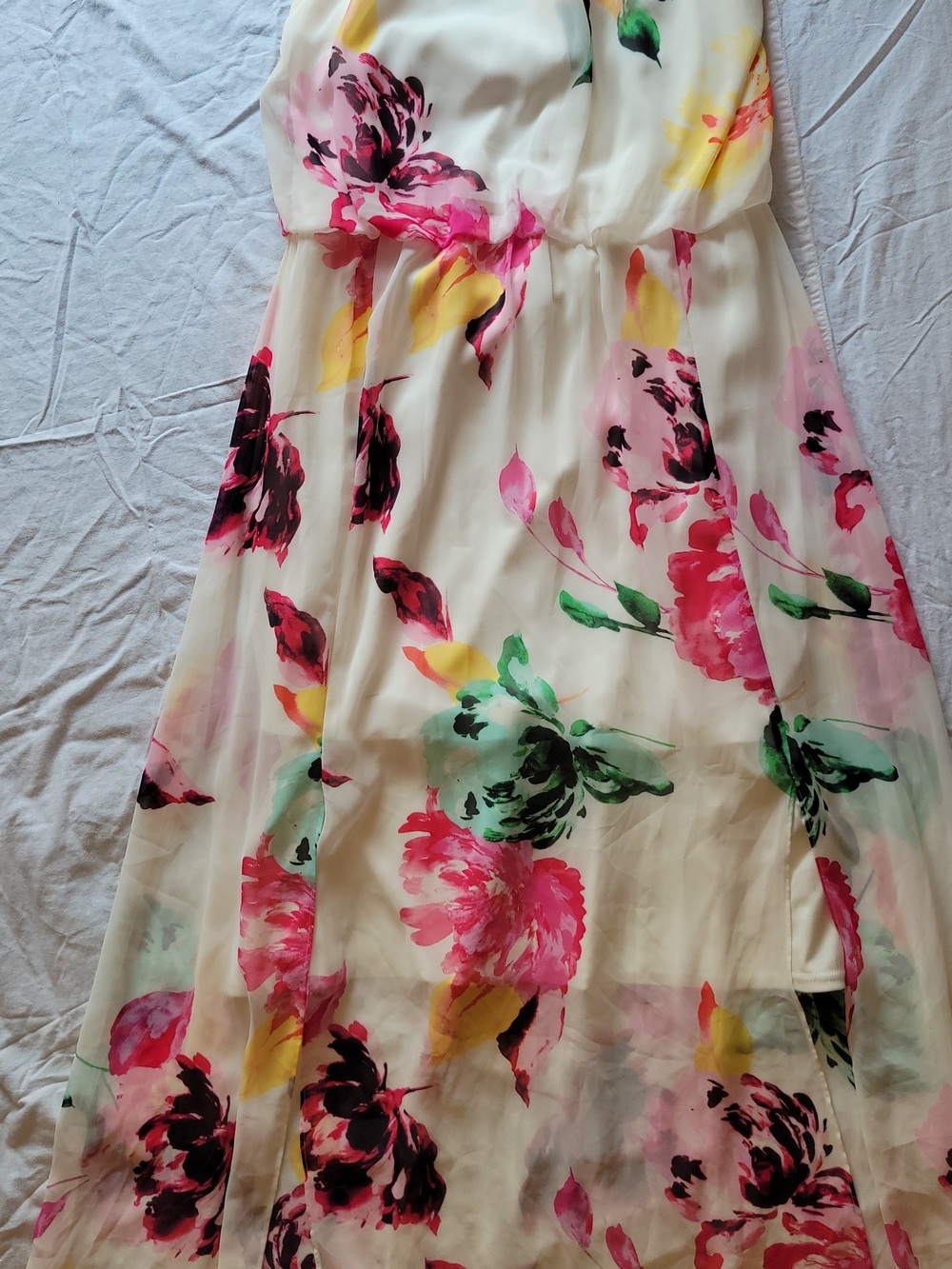 Bisou Bisou White Floral Maxi Dress with Pink, Green & Yellow Print Sz 16